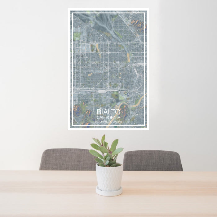 24x36 Rialto California Map Print Portrait Orientation in Afternoon Style Behind 2 Chairs Table and Potted Plant