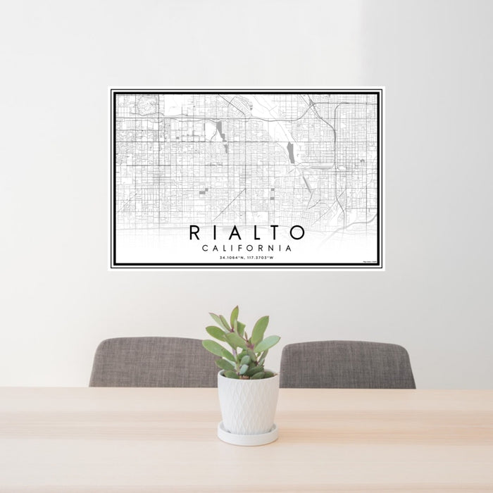 24x36 Rialto California Map Print Lanscape Orientation in Classic Style Behind 2 Chairs Table and Potted Plant