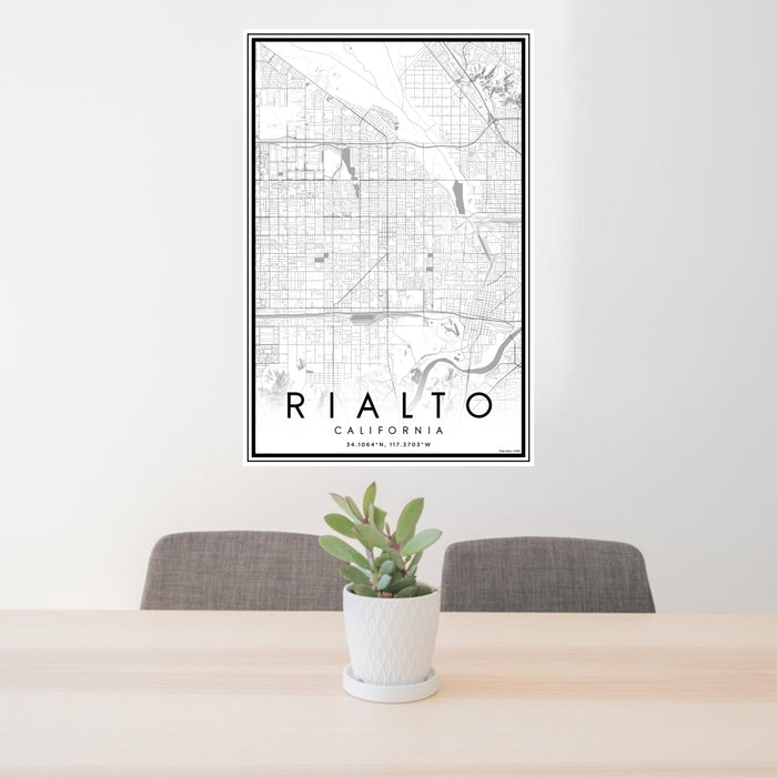 24x36 Rialto California Map Print Portrait Orientation in Classic Style Behind 2 Chairs Table and Potted Plant