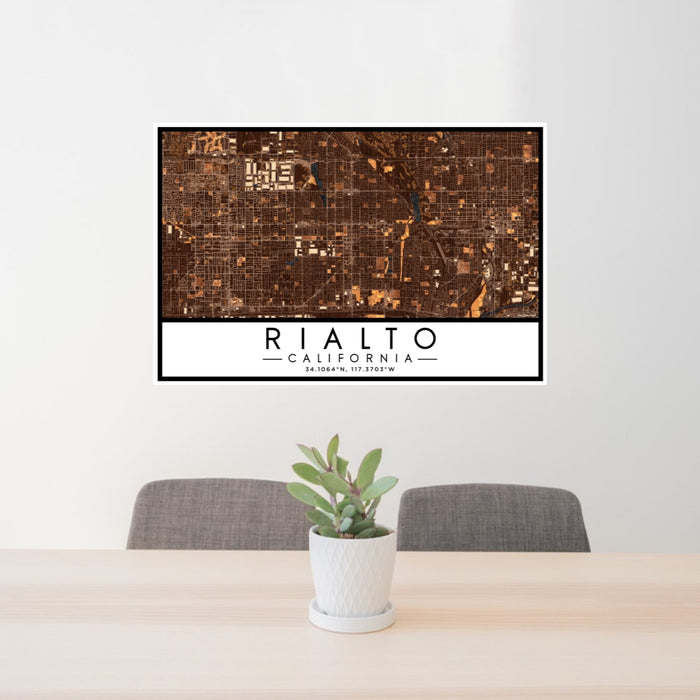 24x36 Rialto California Map Print Lanscape Orientation in Ember Style Behind 2 Chairs Table and Potted Plant