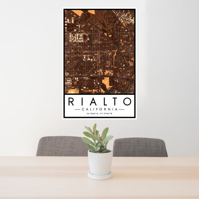 24x36 Rialto California Map Print Portrait Orientation in Ember Style Behind 2 Chairs Table and Potted Plant