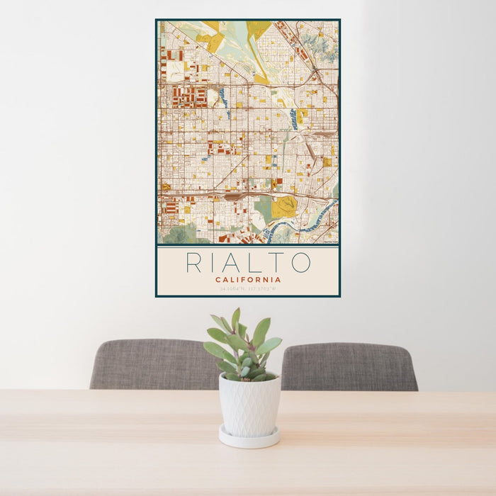 24x36 Rialto California Map Print Portrait Orientation in Woodblock Style Behind 2 Chairs Table and Potted Plant