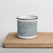 Front View Custom Rialto California Map Enamel Mug in Afternoon on Cutting Board