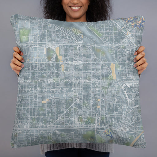 Person holding 22x22 Custom Rialto California Map Throw Pillow in Afternoon