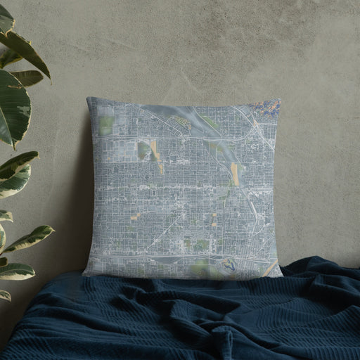 Custom Rialto California Map Throw Pillow in Afternoon on Bedding Against Wall