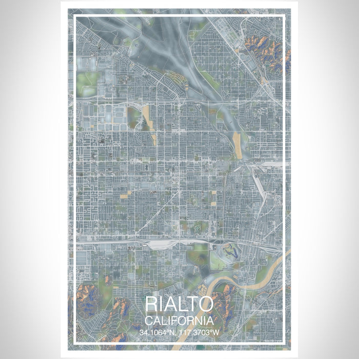 Rialto California Map Print Portrait Orientation in Afternoon Style With Shaded Background