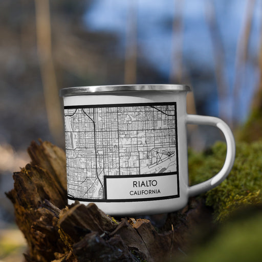 Right View Custom Rialto California Map Enamel Mug in Classic on Grass With Trees in Background