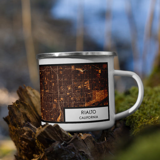 Right View Custom Rialto California Map Enamel Mug in Ember on Grass With Trees in Background