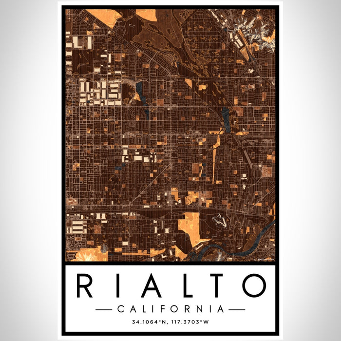 Rialto California Map Print Portrait Orientation in Ember Style With Shaded Background