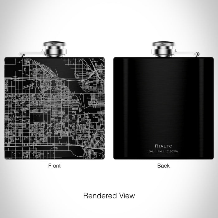 Rendered View of Rialto California Map on 6oz Stainless Steel Flask in Black