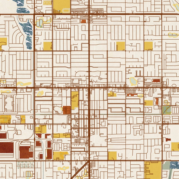 Rialto California Map Print in Woodblock Style Zoomed In Close Up Showing Details