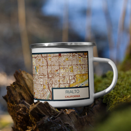 Right View Custom Rialto California Map Enamel Mug in Woodblock on Grass With Trees in Background