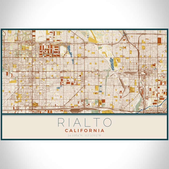 Rialto California Map Print Landscape Orientation in Woodblock Style With Shaded Background