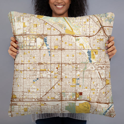 Person holding 22x22 Custom Rialto California Map Throw Pillow in Woodblock