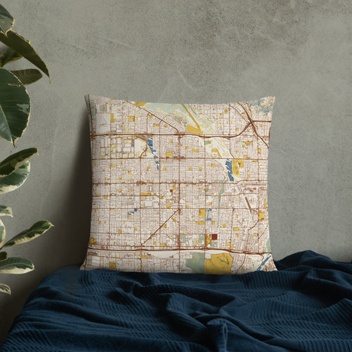 Custom Rialto California Map Throw Pillow in Woodblock on Bedding Against Wall