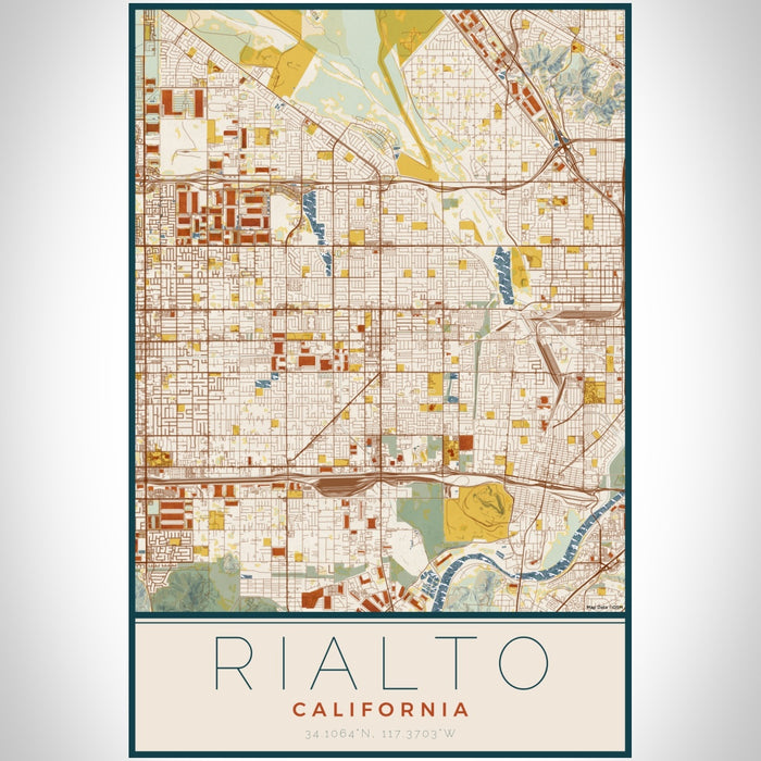 Rialto California Map Print Portrait Orientation in Woodblock Style With Shaded Background