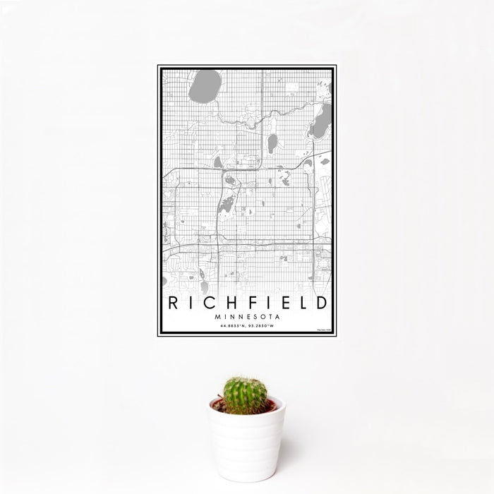 12x18 Richfield Minnesota Map Print Portrait Orientation in Classic Style With Small Cactus Plant in White Planter