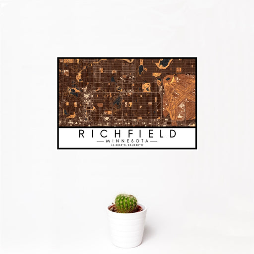 12x18 Richfield Minnesota Map Print Landscape Orientation in Ember Style With Small Cactus Plant in White Planter