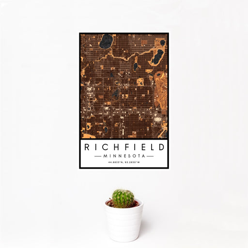 12x18 Richfield Minnesota Map Print Portrait Orientation in Ember Style With Small Cactus Plant in White Planter