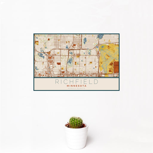 12x18 Richfield Minnesota Map Print Landscape Orientation in Woodblock Style With Small Cactus Plant in White Planter