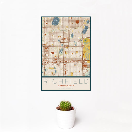 12x18 Richfield Minnesota Map Print Portrait Orientation in Woodblock Style With Small Cactus Plant in White Planter