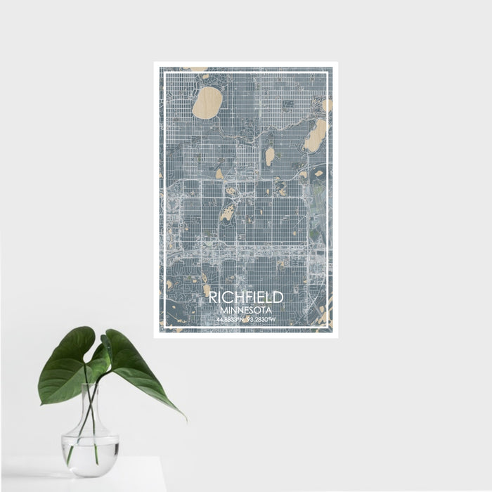 16x24 Richfield Minnesota Map Print Portrait Orientation in Afternoon Style With Tropical Plant Leaves in Water