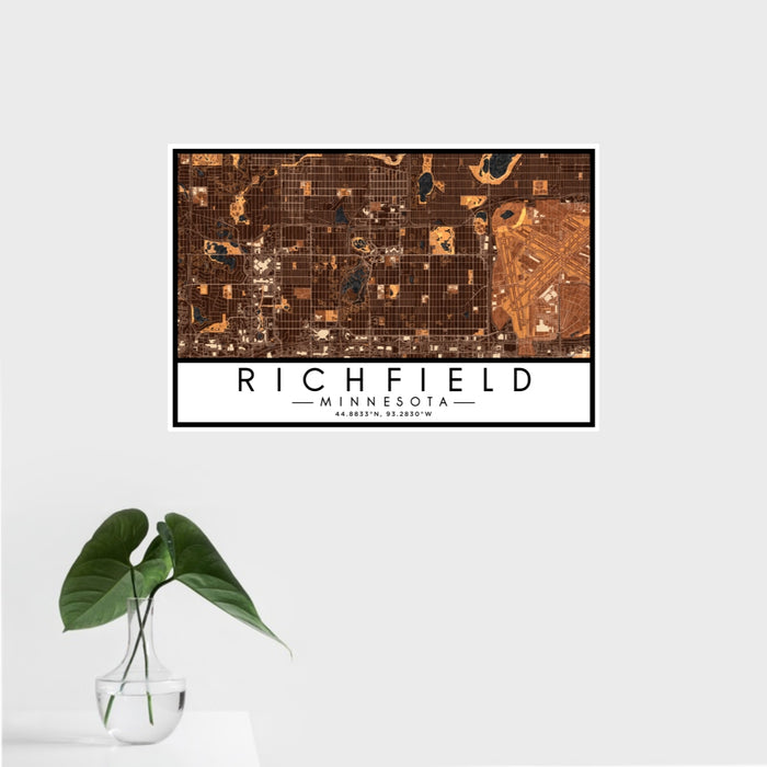 16x24 Richfield Minnesota Map Print Landscape Orientation in Ember Style With Tropical Plant Leaves in Water