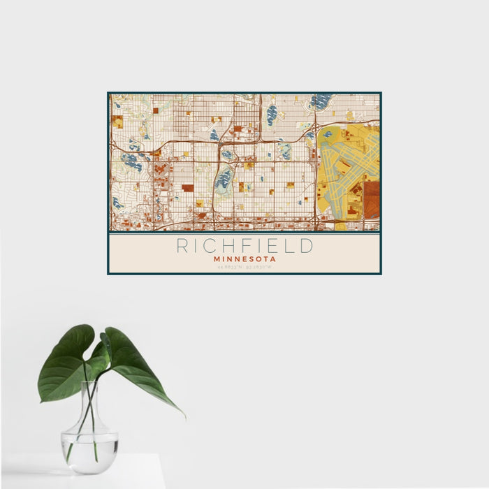 16x24 Richfield Minnesota Map Print Landscape Orientation in Woodblock Style With Tropical Plant Leaves in Water