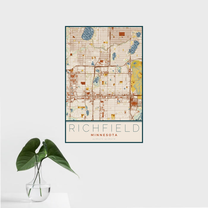 16x24 Richfield Minnesota Map Print Portrait Orientation in Woodblock Style With Tropical Plant Leaves in Water