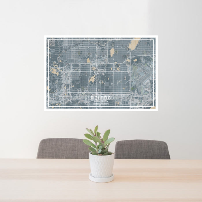 24x36 Richfield Minnesota Map Print Lanscape Orientation in Afternoon Style Behind 2 Chairs Table and Potted Plant