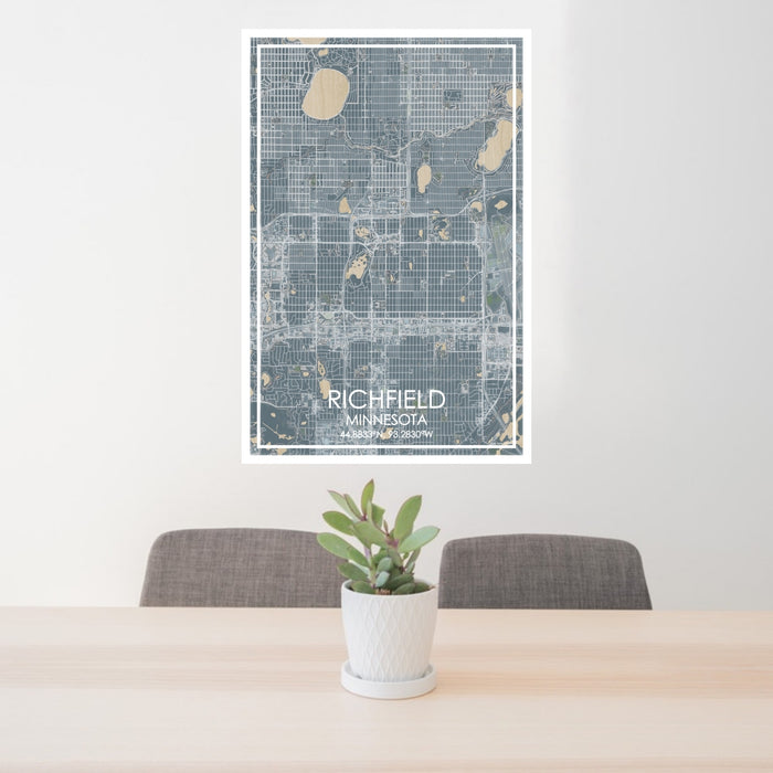 24x36 Richfield Minnesota Map Print Portrait Orientation in Afternoon Style Behind 2 Chairs Table and Potted Plant
