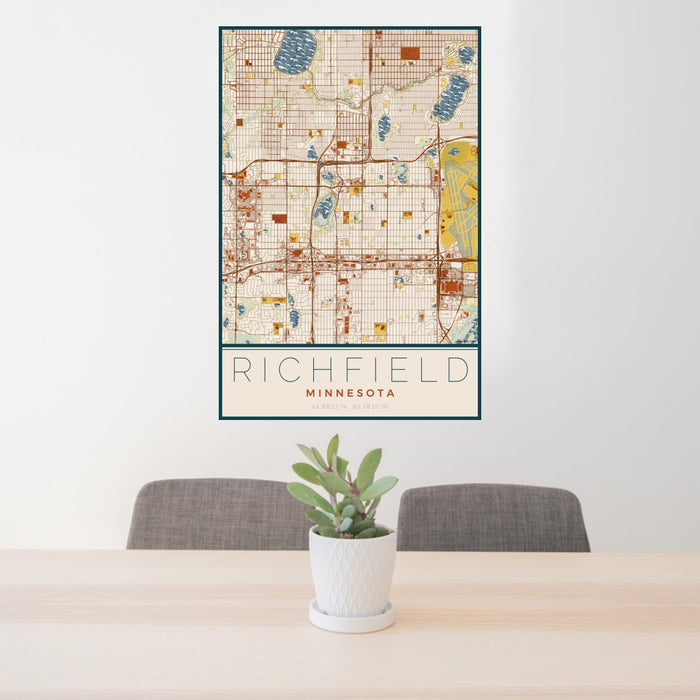 24x36 Richfield Minnesota Map Print Portrait Orientation in Woodblock Style Behind 2 Chairs Table and Potted Plant