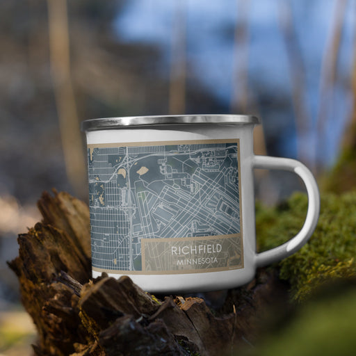 Right View Custom Richfield Minnesota Map Enamel Mug in Afternoon on Grass With Trees in Background