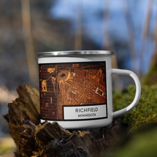 Right View Custom Richfield Minnesota Map Enamel Mug in Ember on Grass With Trees in Background
