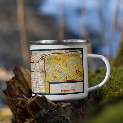 Right View Custom Richfield Minnesota Map Enamel Mug in Woodblock on Grass With Trees in Background