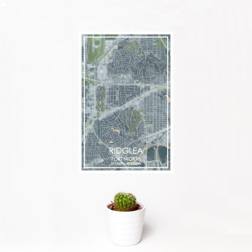 12x18 Ridglea Fort Worth Map Print Portrait Orientation in Afternoon Style With Small Cactus Plant in White Planter