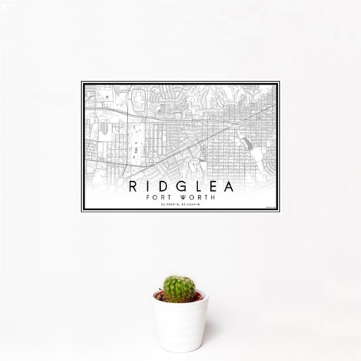 12x18 Ridglea Fort Worth Map Print Landscape Orientation in Classic Style With Small Cactus Plant in White Planter