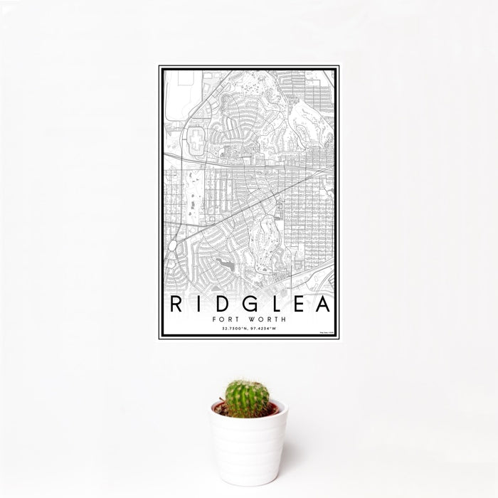 12x18 Ridglea Fort Worth Map Print Portrait Orientation in Classic Style With Small Cactus Plant in White Planter