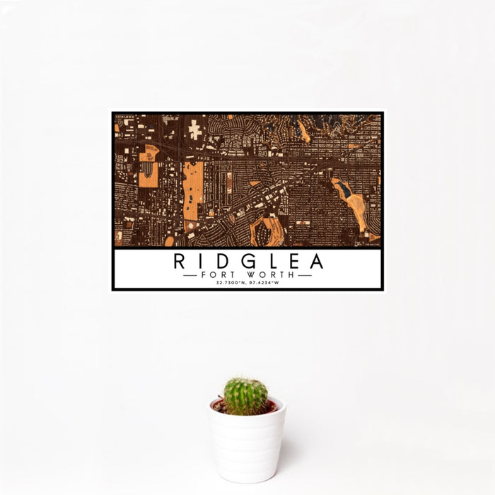 12x18 Ridglea Fort Worth Map Print Landscape Orientation in Ember Style With Small Cactus Plant in White Planter