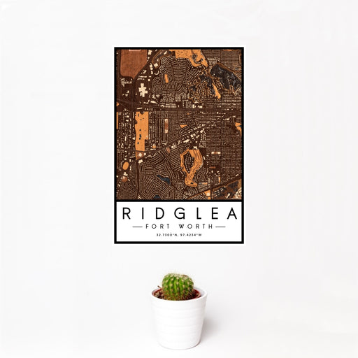 12x18 Ridglea Fort Worth Map Print Portrait Orientation in Ember Style With Small Cactus Plant in White Planter