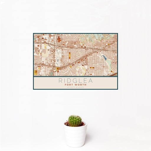 12x18 Ridglea Fort Worth Map Print Landscape Orientation in Woodblock Style With Small Cactus Plant in White Planter