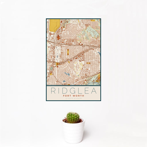12x18 Ridglea Fort Worth Map Print Portrait Orientation in Woodblock Style With Small Cactus Plant in White Planter