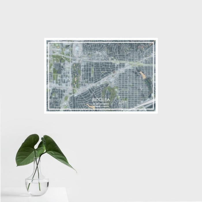 16x24 Ridglea Fort Worth Map Print Landscape Orientation in Afternoon Style With Tropical Plant Leaves in Water