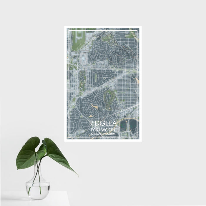 16x24 Ridglea Fort Worth Map Print Portrait Orientation in Afternoon Style With Tropical Plant Leaves in Water