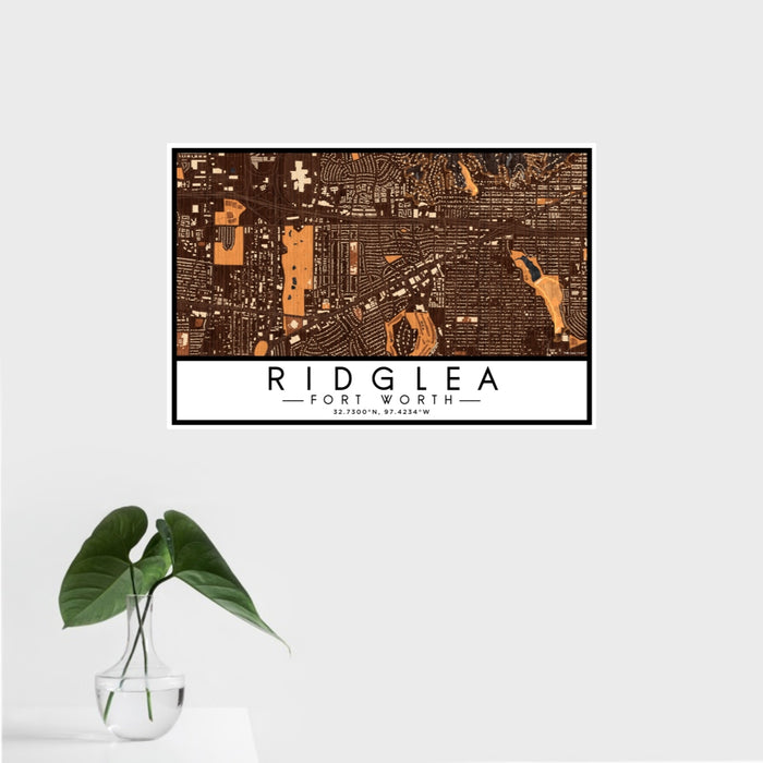 16x24 Ridglea Fort Worth Map Print Landscape Orientation in Ember Style With Tropical Plant Leaves in Water