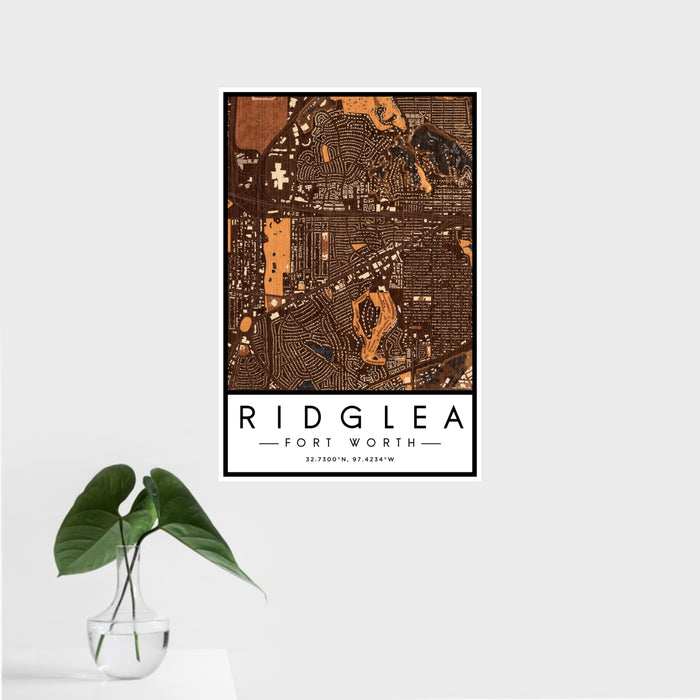 16x24 Ridglea Fort Worth Map Print Portrait Orientation in Ember Style With Tropical Plant Leaves in Water
