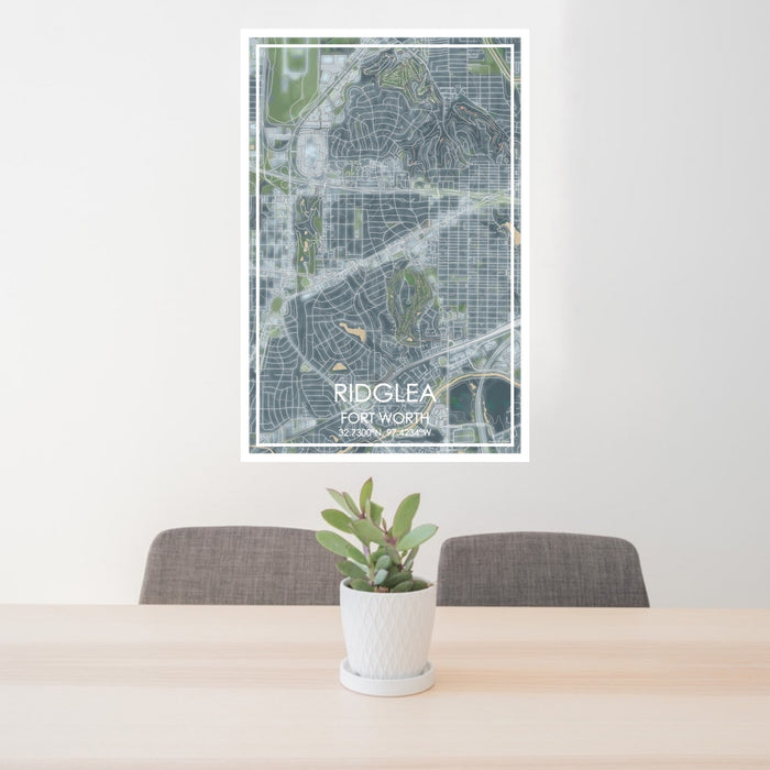 24x36 Ridglea Fort Worth Map Print Portrait Orientation in Afternoon Style Behind 2 Chairs Table and Potted Plant