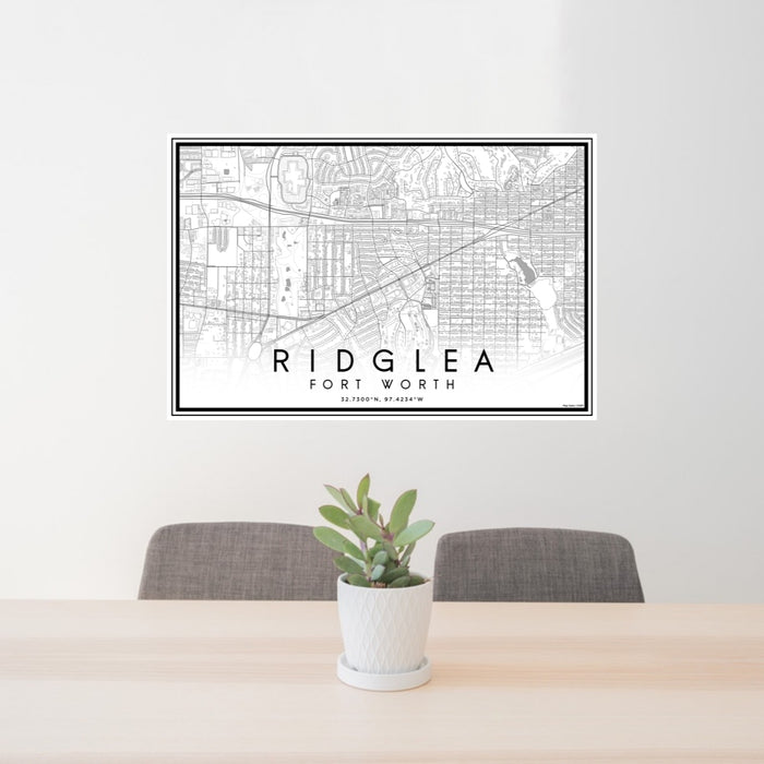 24x36 Ridglea Fort Worth Map Print Lanscape Orientation in Classic Style Behind 2 Chairs Table and Potted Plant