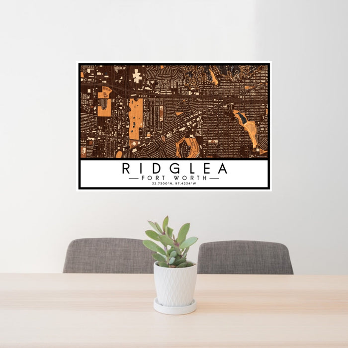 24x36 Ridglea Fort Worth Map Print Lanscape Orientation in Ember Style Behind 2 Chairs Table and Potted Plant