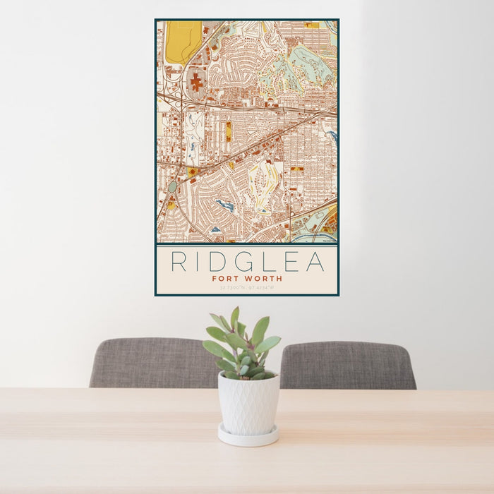 24x36 Ridglea Fort Worth Map Print Portrait Orientation in Woodblock Style Behind 2 Chairs Table and Potted Plant